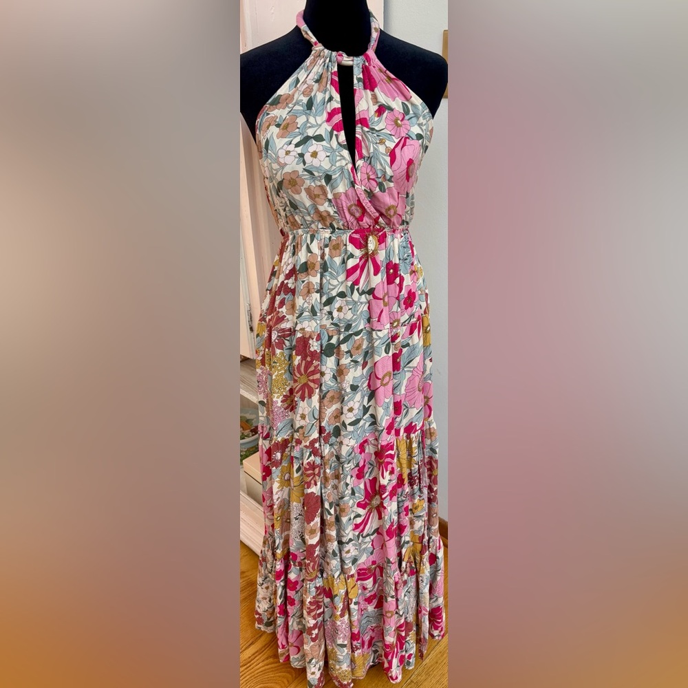 Aakaa Pink Dress Multi Floral Maxi Halter Dress S
